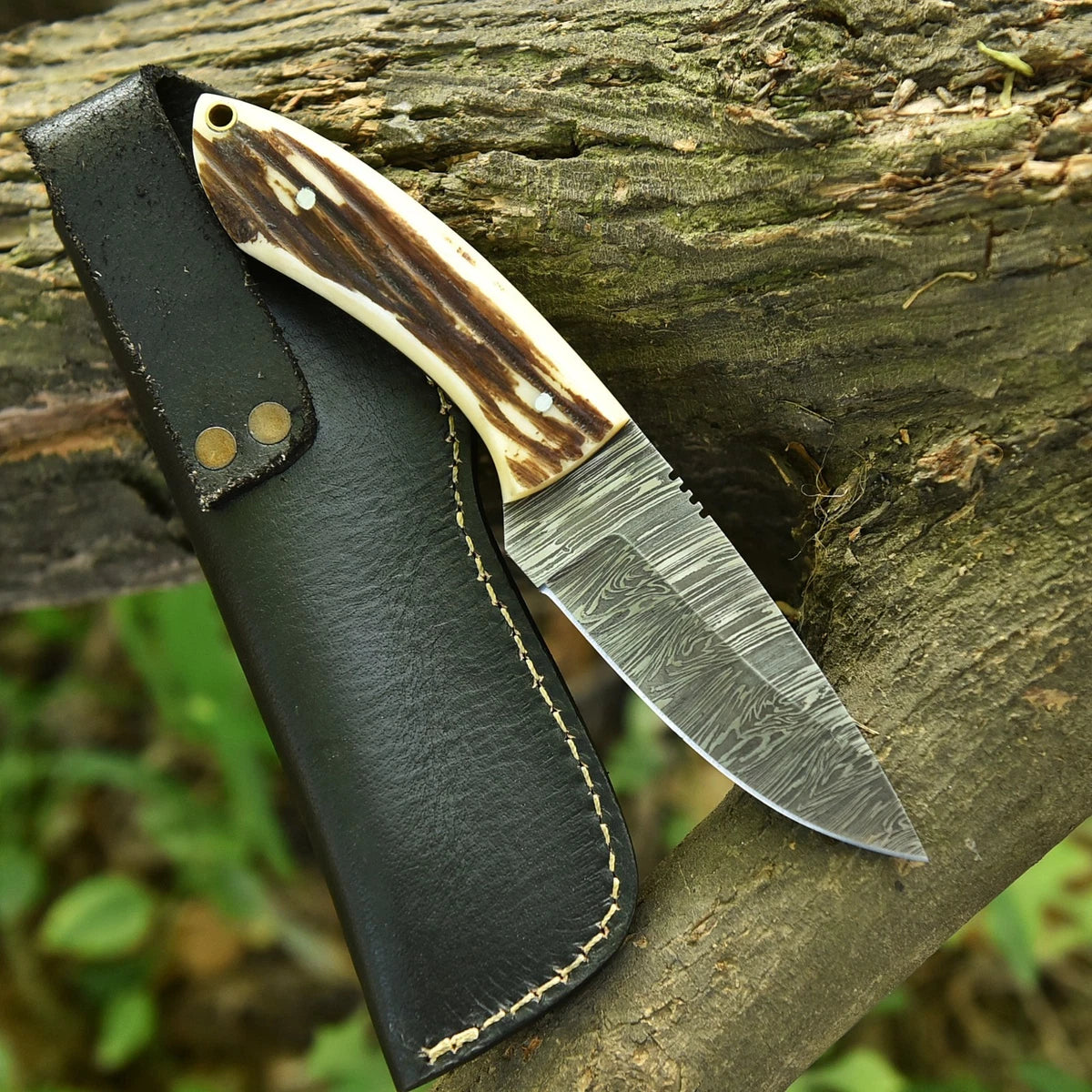 Damascus Fixed Blade Camping Knife – Premium Steel with Leather Sheath