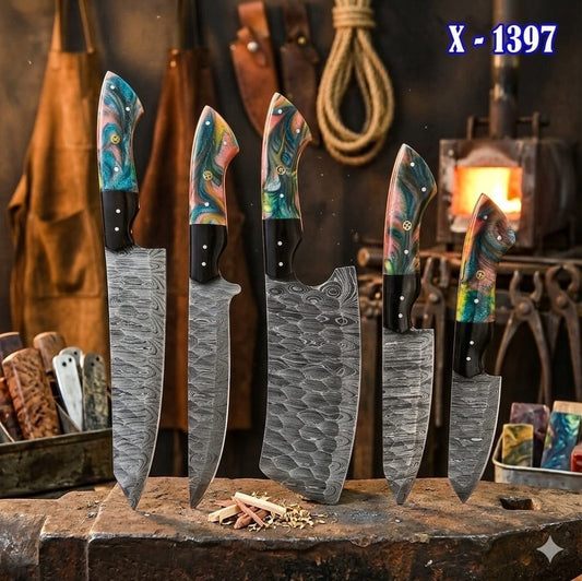 HAND-FORGED DAMASCUS STEEL CHEF KNIFE SET WITH LEATHER ROLL KIT