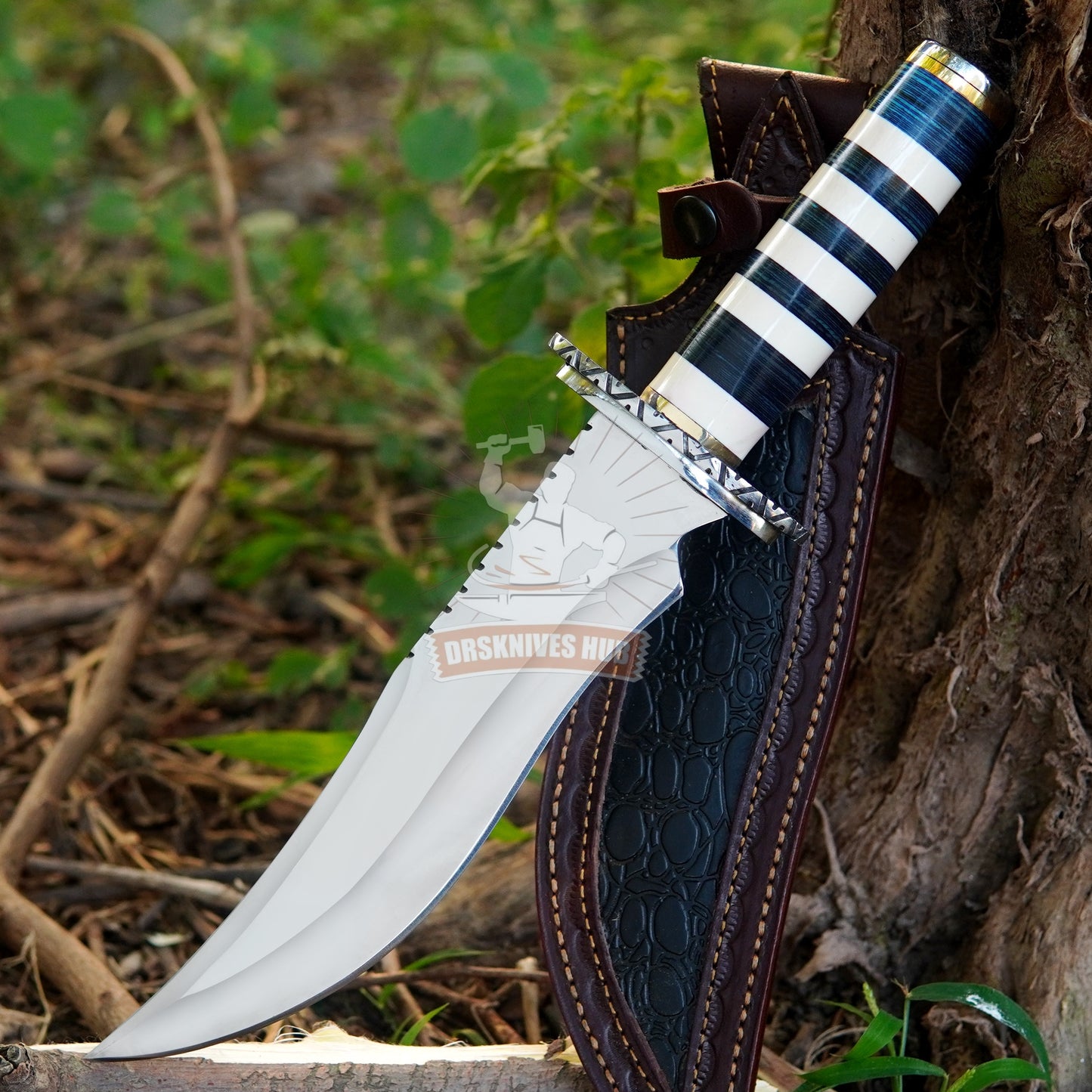 Beautifully Handmade D2 Steel Bowie Knife | 15″ Custom Hunting Knife with Blue & White Resin Handle | DRSKNIVES HUB