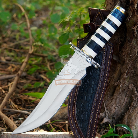 Beautifully Handmade D2 Steel Bowie Knife | 15″ Custom Hunting Knife with Blue & White Resin Handle | DRSKNIVES HUB