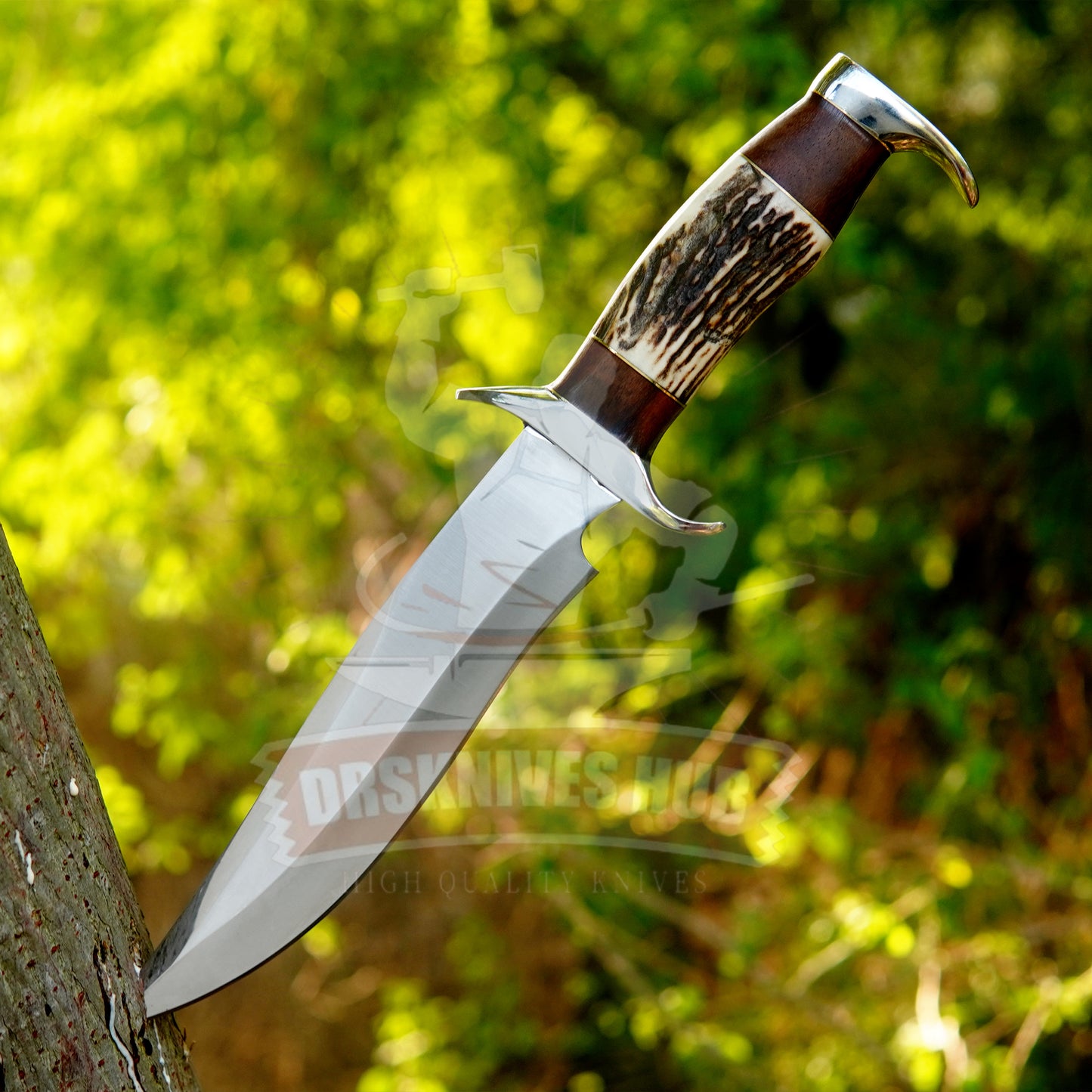 Handmade D2 Steel Bowie Hunting Knife Stag Antler & Rosewood Handle, Leather Sheath | DRSKNIVES HUB