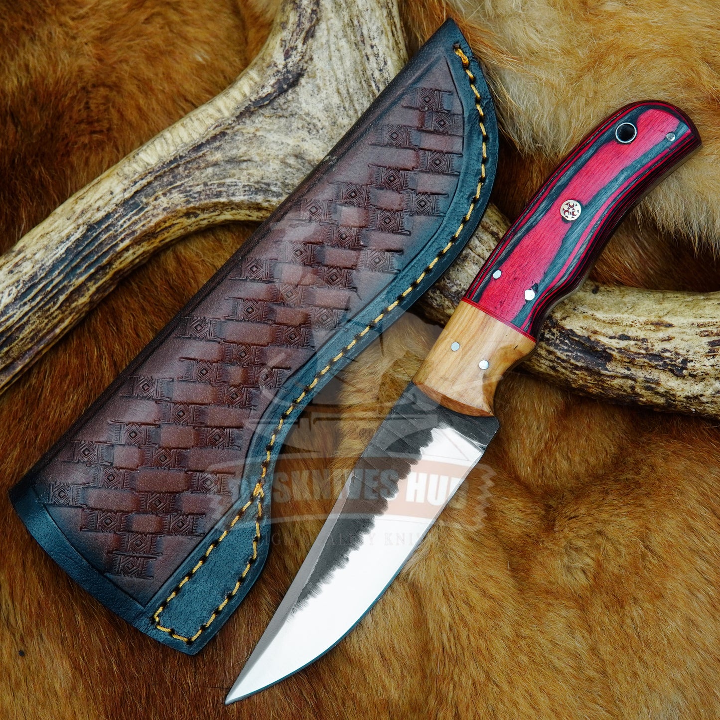 Handmade Carbon t Steel Hunting Knife: Wood Handle Leather Sheath