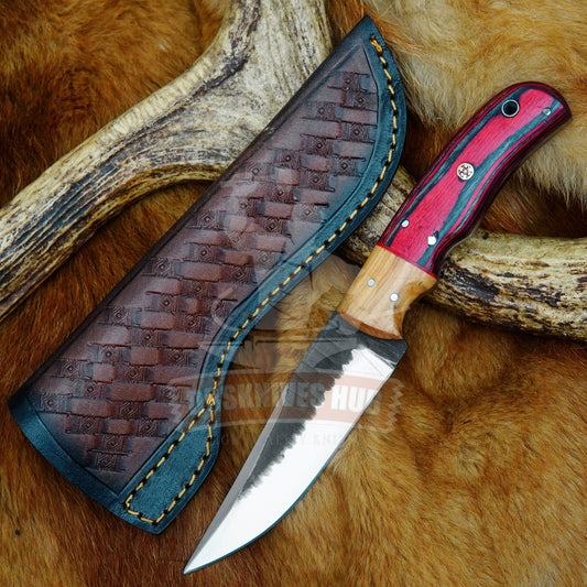 Handmade Carbon t Steel Hunting Knife: Wood Handle Leather Sheath