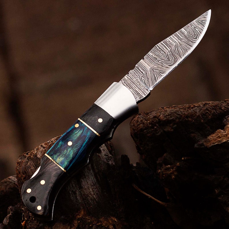 6.5", Camping Hiking Damascus Pocket Knife, With Leather Sheath Cover