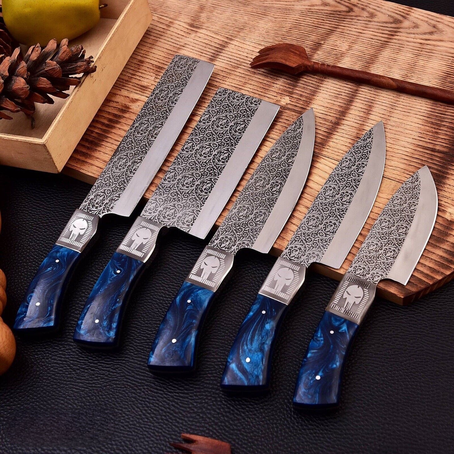 Stainless Steel Chef Set Handmade Engraved Blade Kitchen Set With Leather Roll kit bag