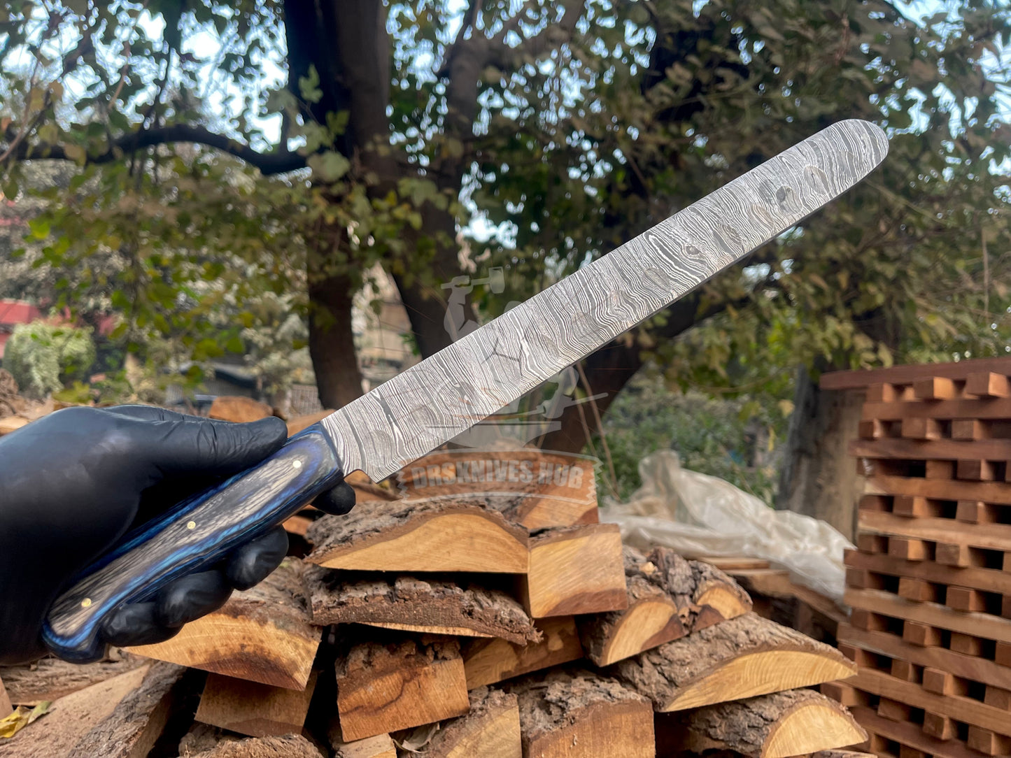 Handmade Damascus Steel Bread Knife with Leather Sheath | 17" Long Serrated Kitchen Knife | Wood Handle