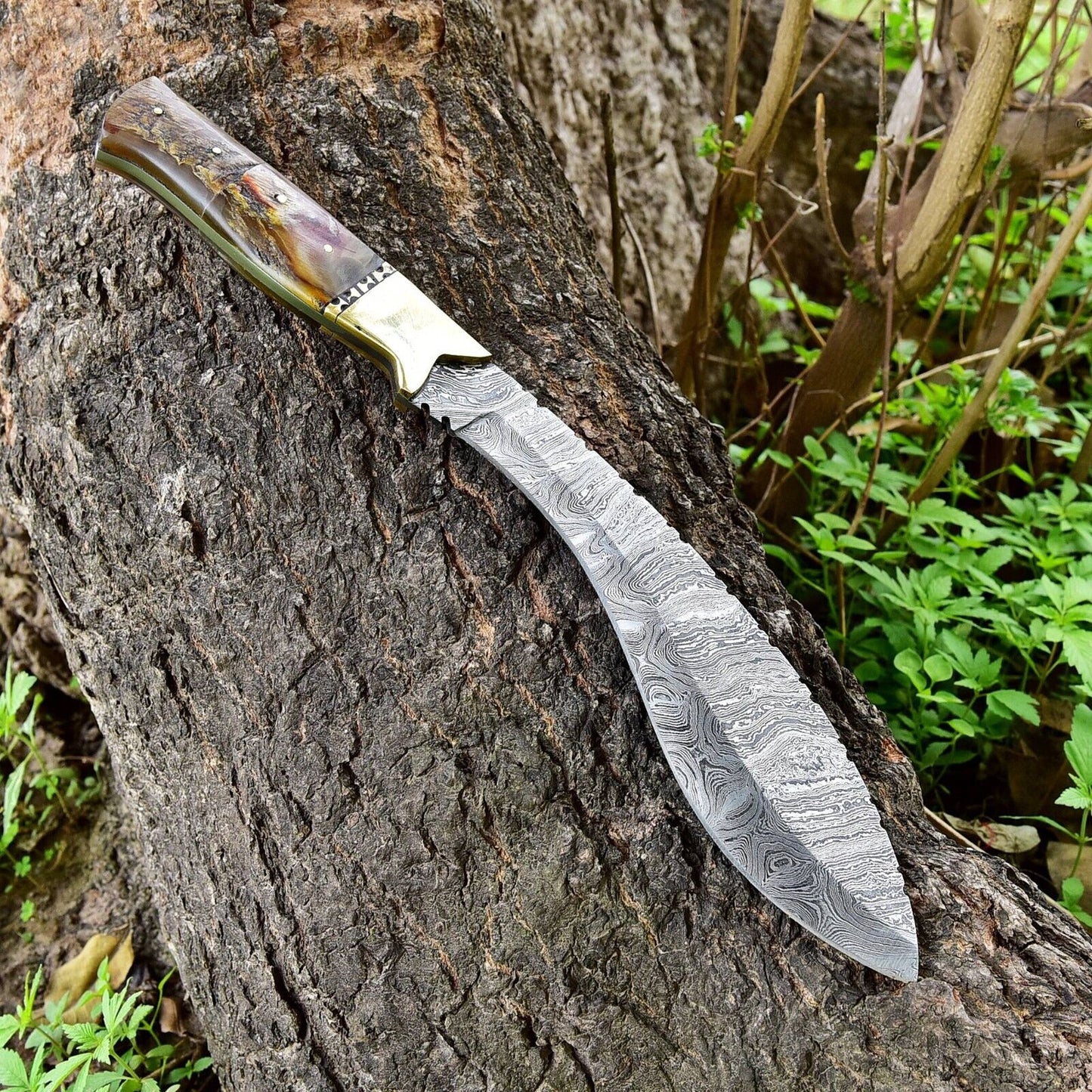 Handmade Damascus Steel Hunting Kukri Bowie Knife Ram Horn Handle With Leather Sheath Cover