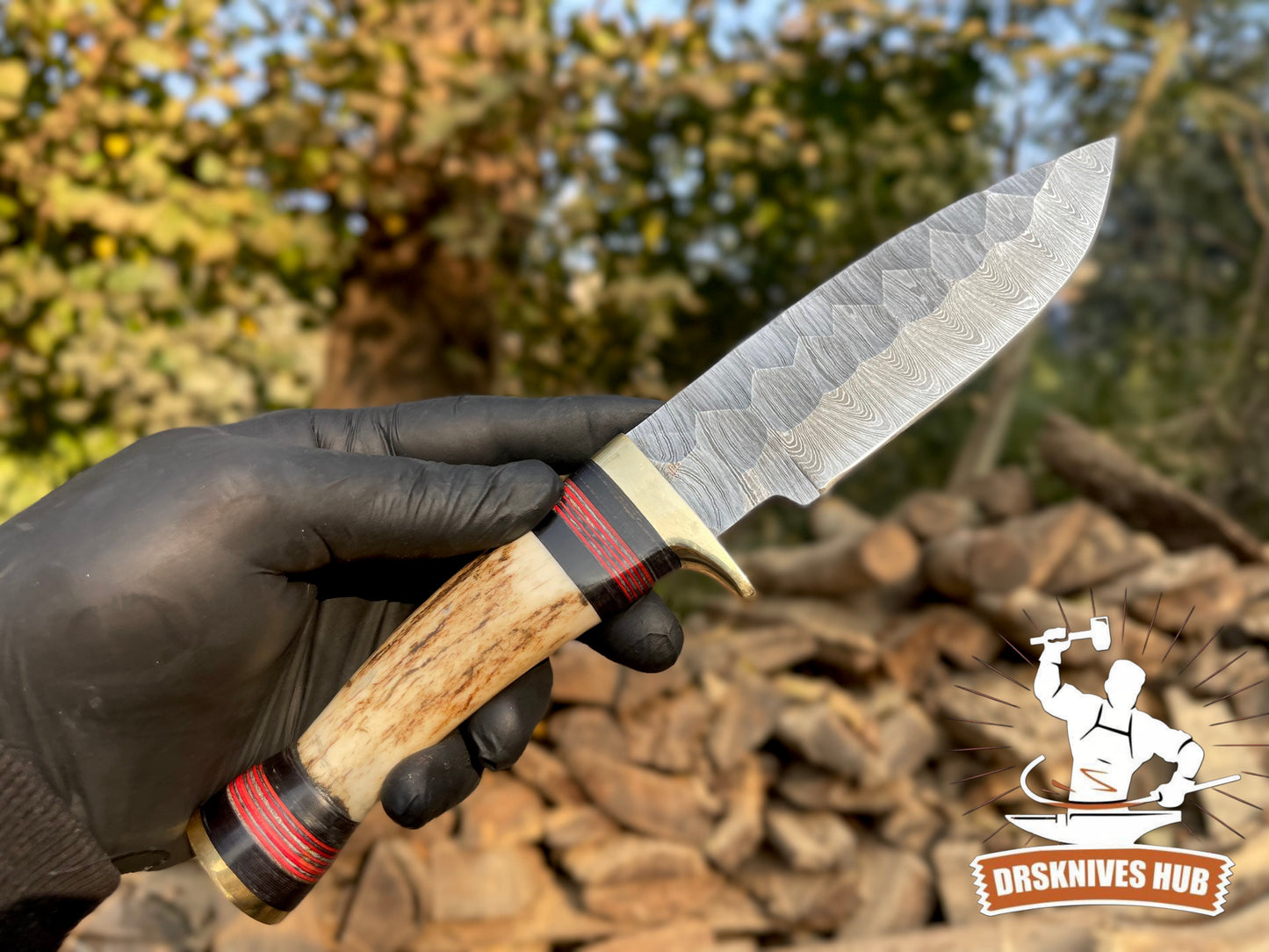 Handmade Damascus Hunting Knife – 10.5” Overall | Stag Antler Handle | Full Tang Outdoor Knife with Leather Sheath | DRSKNIVES HUB