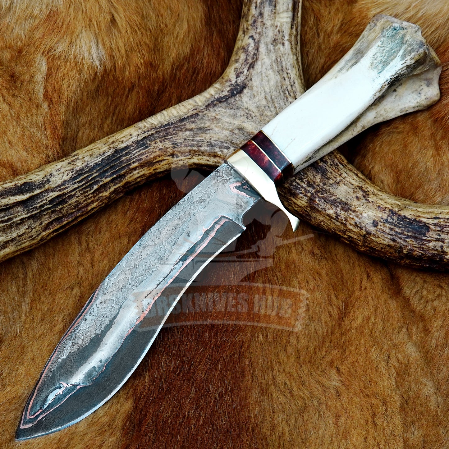 Handmade Copper Damascus Kukri Knife: Bone Handle With Leather sheath