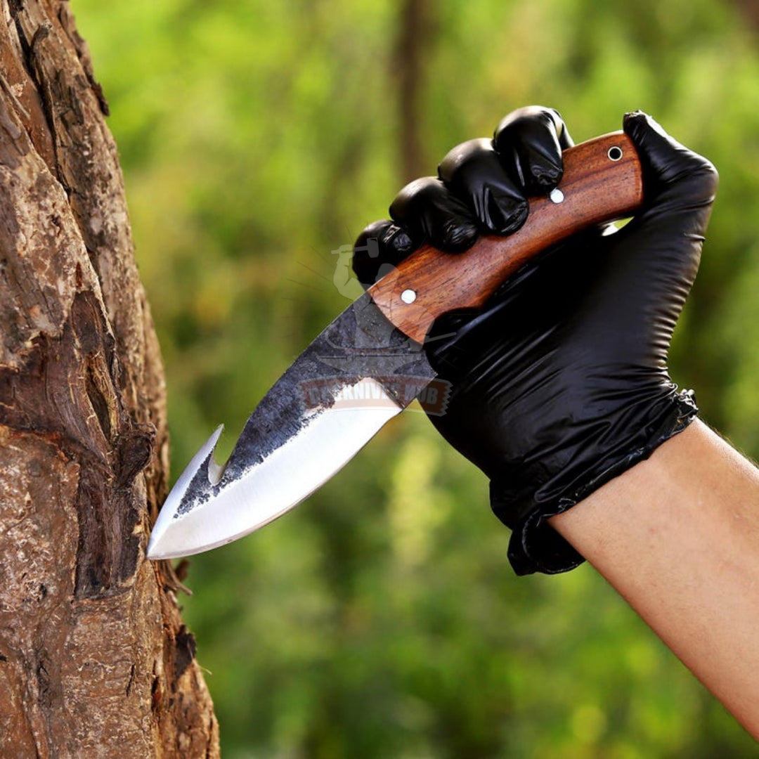 High Carbon Steel Skinning Knife with Gut Hook: Rosewood Handle, Leather Sheath