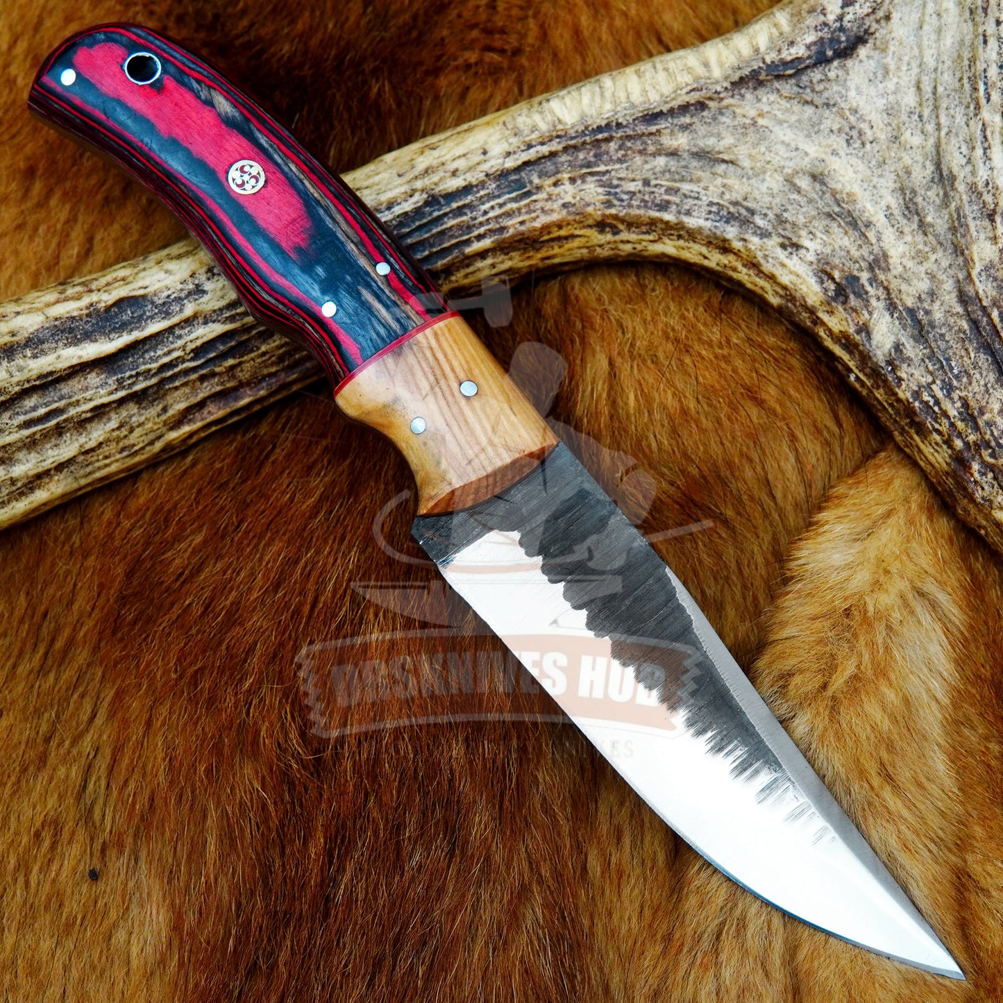 Handmade Carbon t Steel Hunting Knife: Wood Handle Leather Sheath