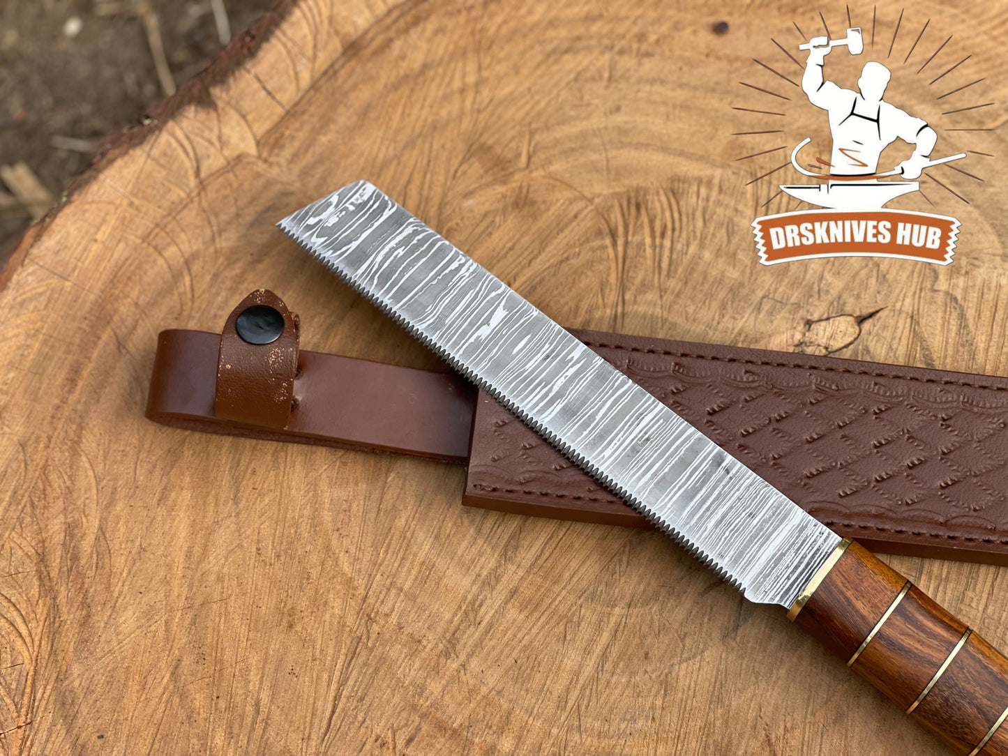 Hand Forged Damascus Steel Blade Bread Cutter Knife With Leather Sheath Cover | DRSKNIVES HUB