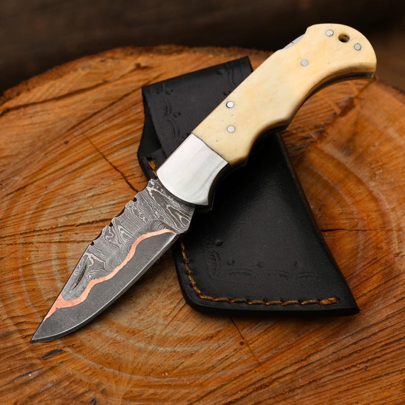 Pocket Folding Knife Handmade Damascus Steel Folding Pocket Knife Camel Bone Handle