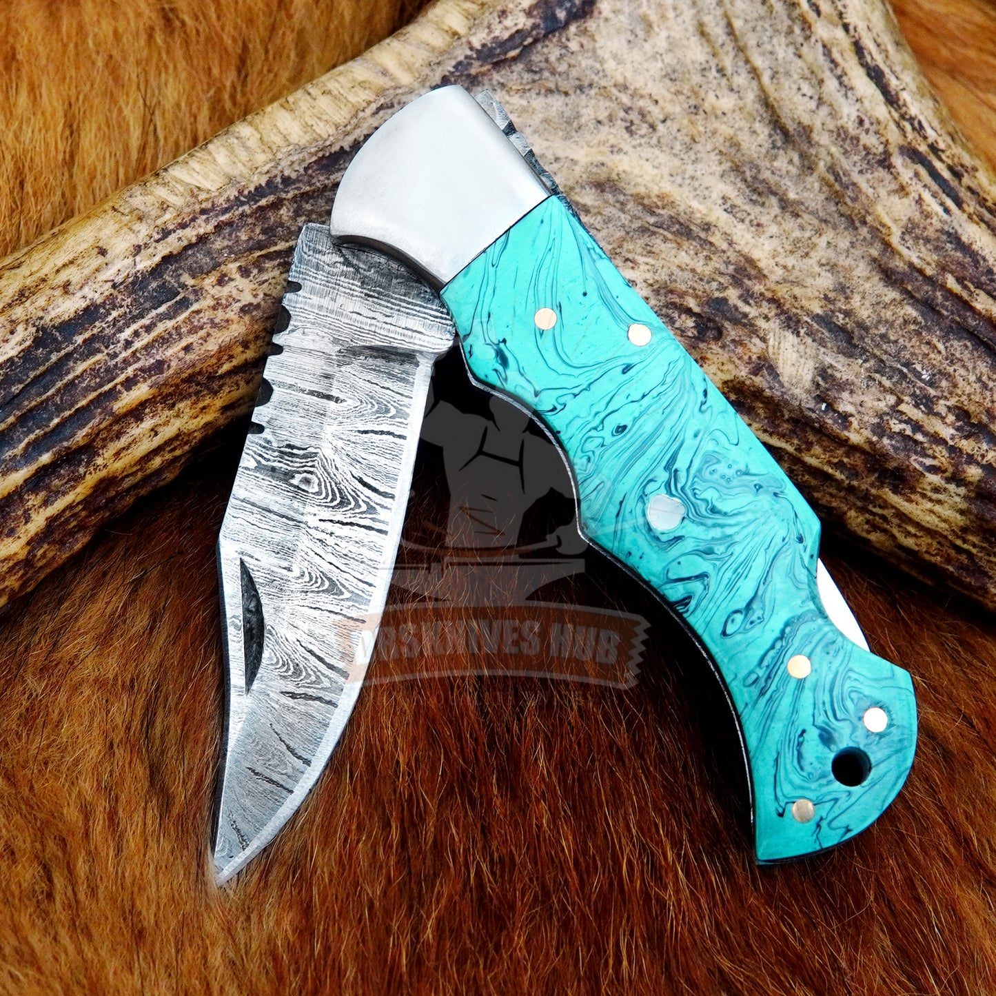 Damascus Folding Knife 7" – Turquoise Resin Handle Groomsman Gift | DRSKNIVES HUB