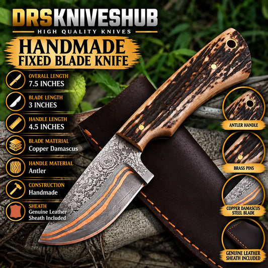 Handmade Copper Damascus Skinning Knife – Stag Antler Handle | Leather Sheath DRSKNIVES HUB