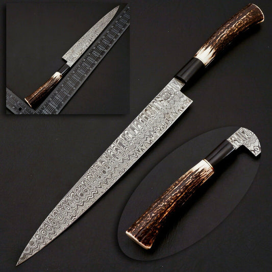 17.5 inches Overall Hand Forged Damascus Steel Chef Knife Antler Horn Handle