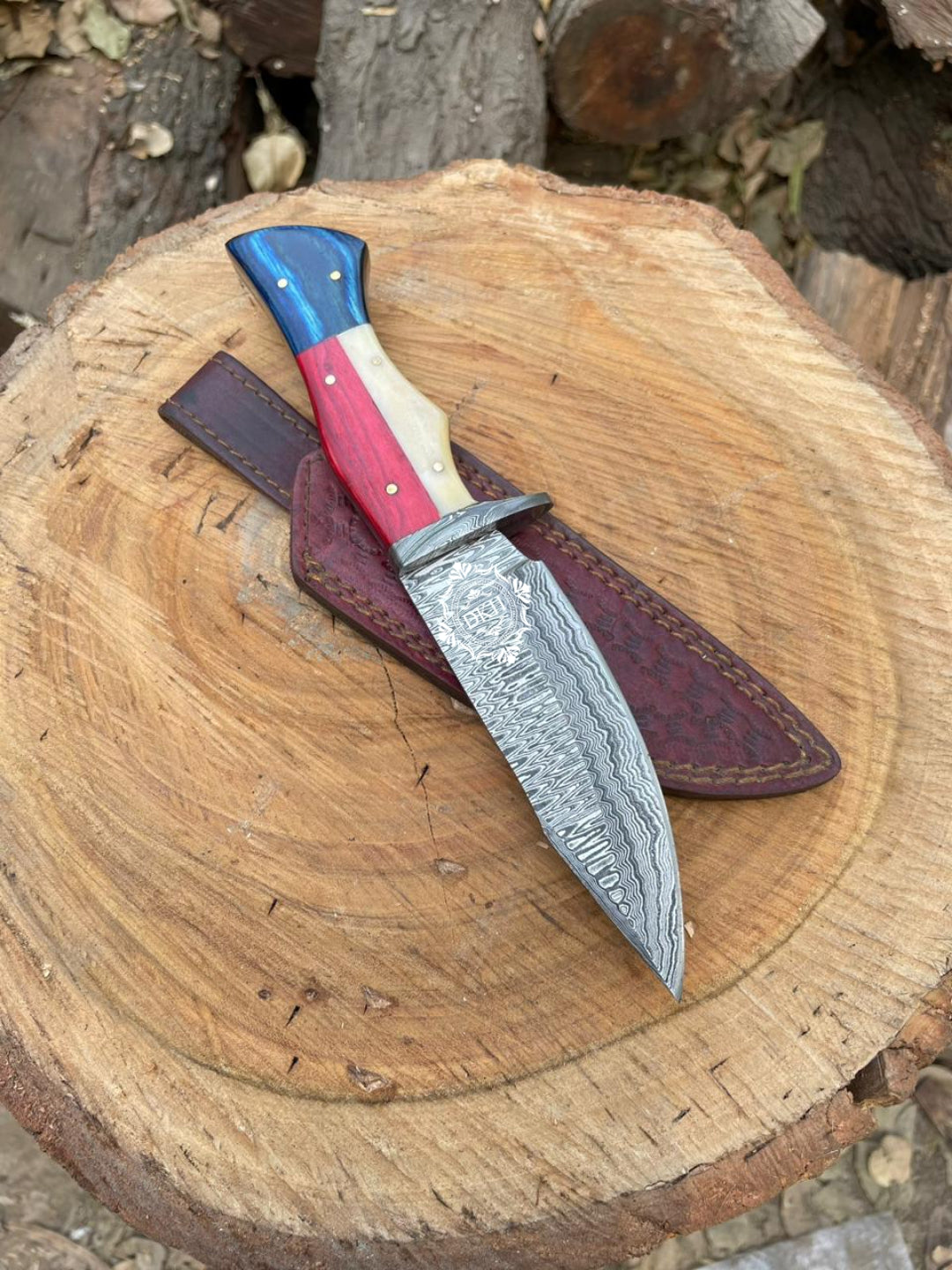 American flag Themed Handle Hunting Knife With Leather Sheath Cover