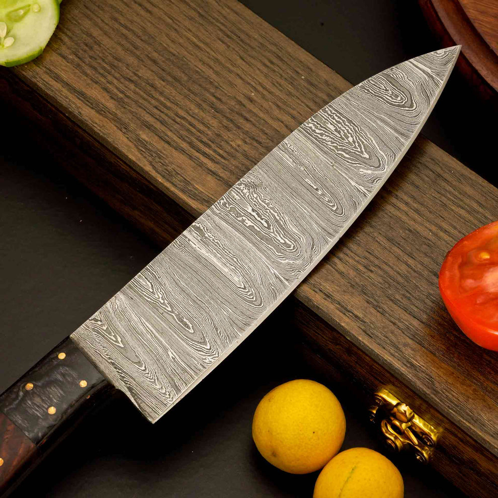 12″ Elegant Damascus Chef Knife with Polished Dark Wood Handle