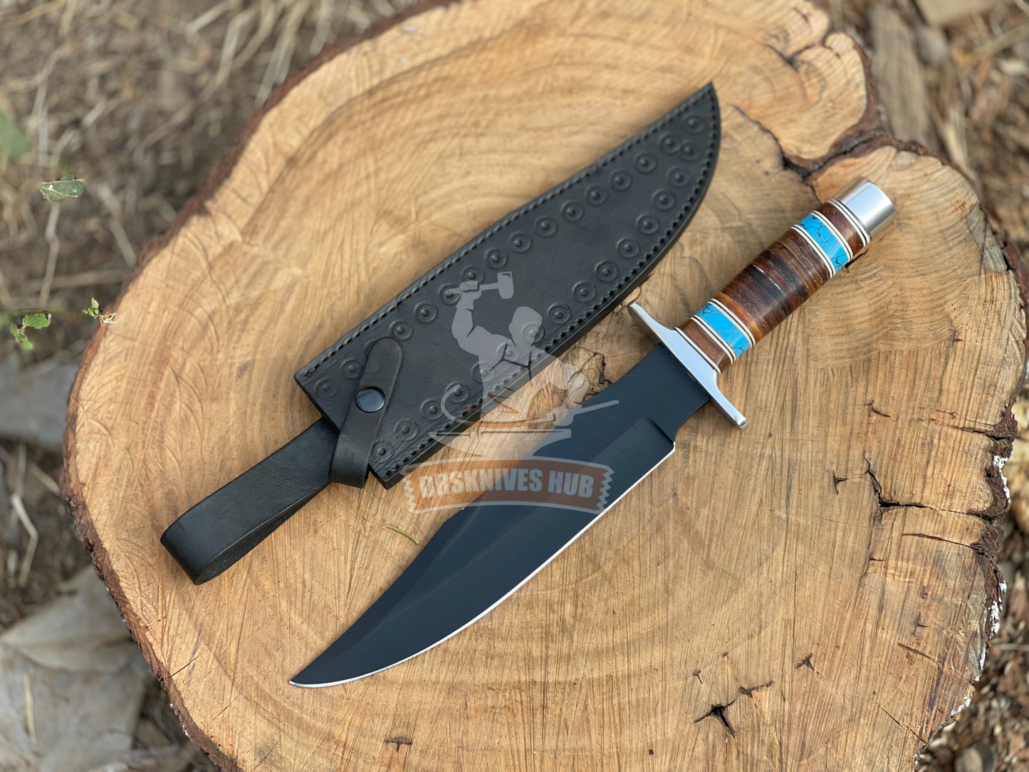Handcrafted Bowie Knife with Leather and Stone Handle Black Powder-Coated Carbon Steel Blade Leather Sheath | DRSKNIVES HUB