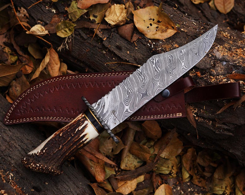 Bowie Knife With Stag Handle Custom Handmade Damascus Steel Blade Outdoor , Bowie, Camping knife With Leather Sheath Cover