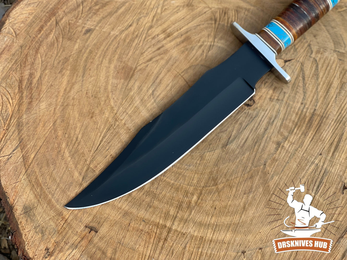 Handcrafted Bowie Knife with Leather and Stone Handle Black Powder-Coated Carbon Steel Blade Leather Sheath | DRSKNIVES HUB