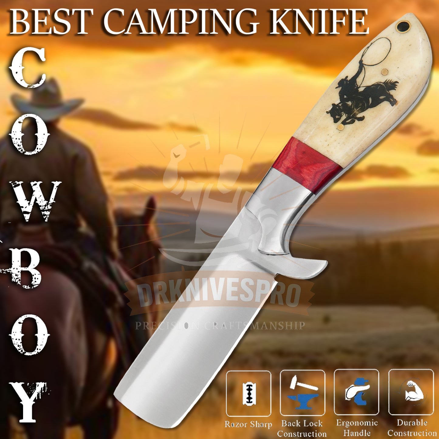 J2 Steel Cowboy Bull Cutter Knife With Leather Sheath | DRSKNIVES HUB