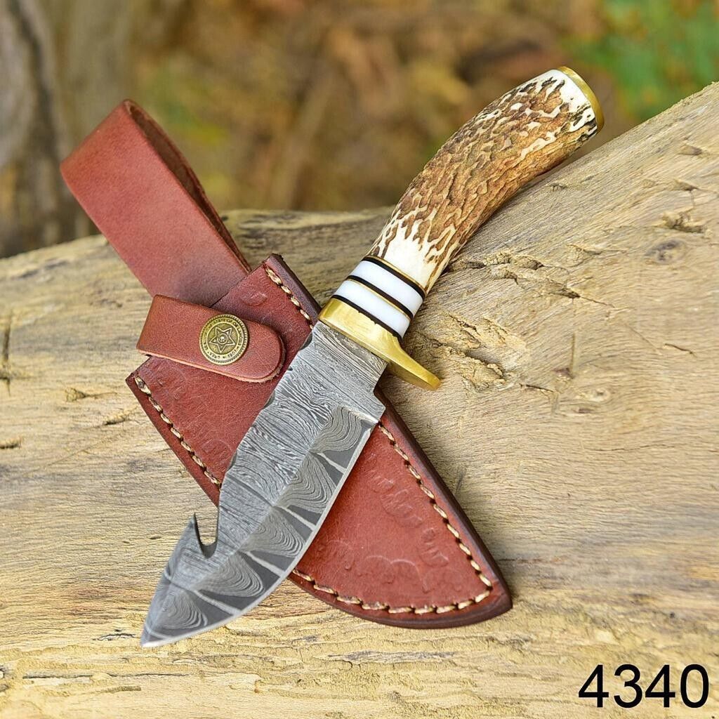 Antler Horn Handle Beautiful Handmade Damascus Steel Gut Hook knife With Leather Sheath Cover