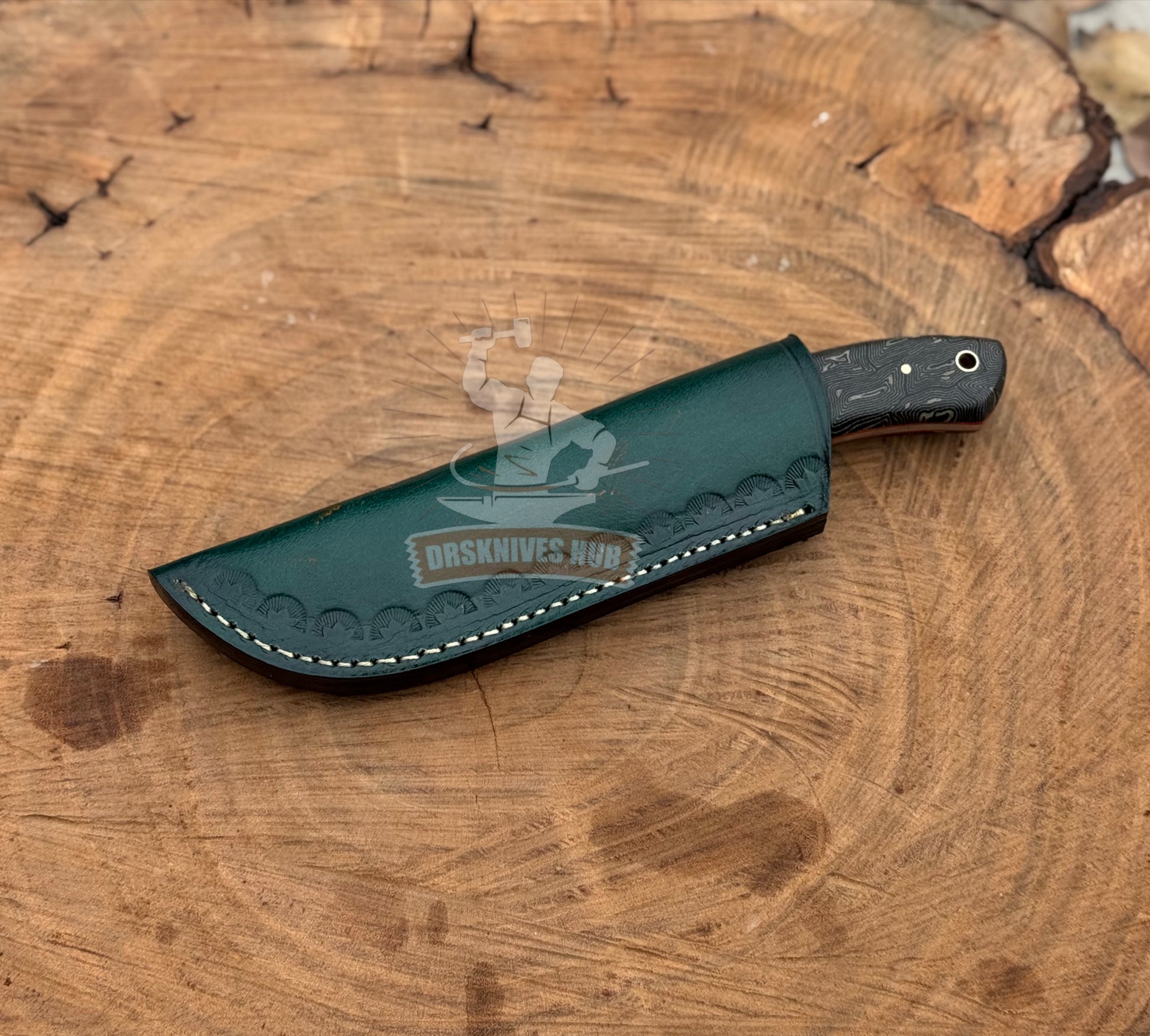 Knife sheath with 'DarkKnives Hub' branding on a wooden surface