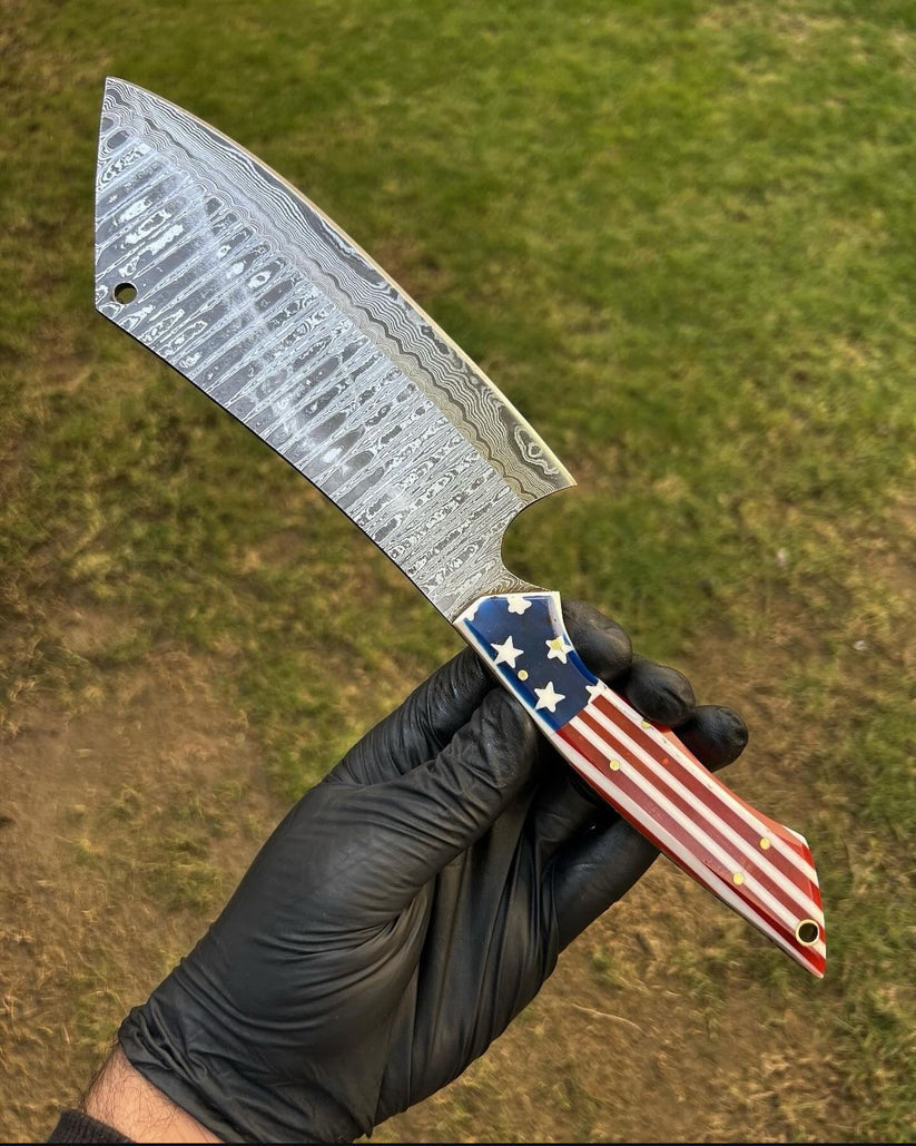 Texas Flag Handle Beautiful Handmade Damascus Steel Cleaver Knife, Chopper knife