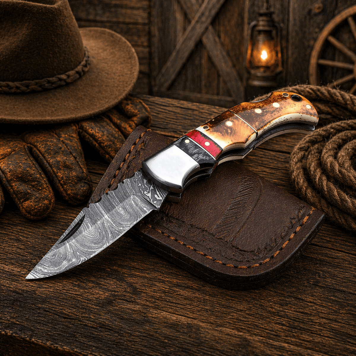 Damascus Folding Pocket Knife – Burnt Camel Bone Handle | DRSKNIVES HUB