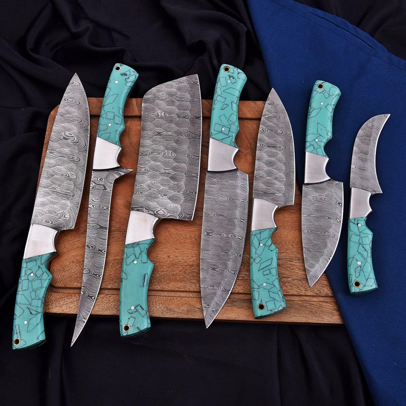 Professional 7-Piece Damascus Chef Knife Set with Leather Roll Kit