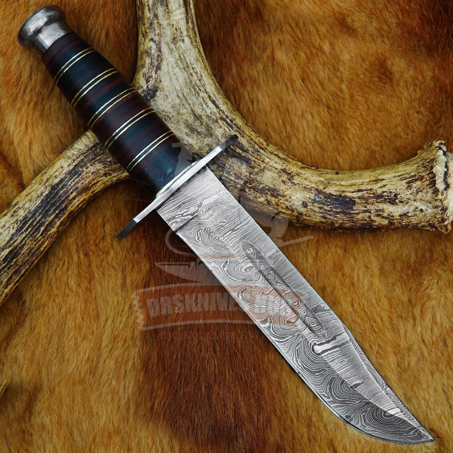 Damascus Bowie Knife 13" – Leather Stack Handle Full Tang | DRSKNIVES HUB