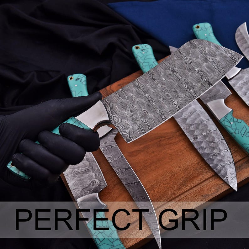 Professional 7-Piece Damascus Chef Knife Set with Leather Roll Kit