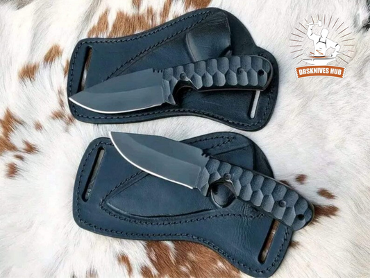 Custom Handmade Ranch Knife Pair – D2 Powder Coat Steel Blade, Resin Handle & Leather Sheath