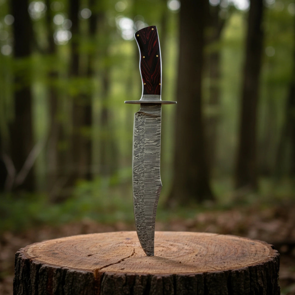 15.25" Hand-Forged Damascus Bowie Knife with Leather Sheath