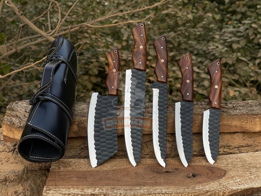 Handcrafted Five-Piece Kitchen Set With A Leather Roll Kit Bag | DRSKNIVES HUB