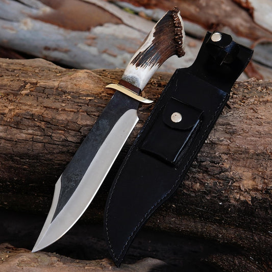 Handmade Carbon Steel Bowie Knife with Stag Handle & Leather Sheath