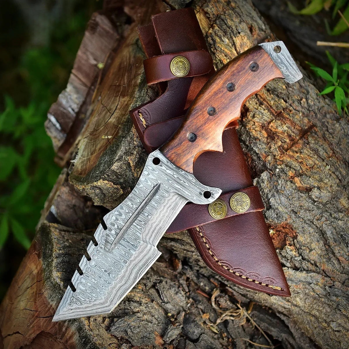 Full Tang Damascus Steel Handmade Tactical Tracker Knife With Leather Sheath Cover