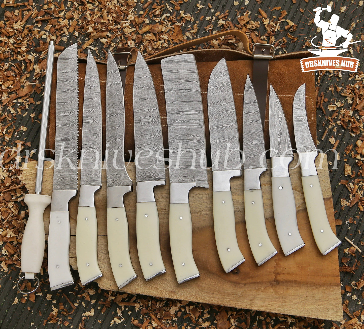 9 pcs Handmade Damascus Steel Kitchen Set Bbq Chef Knife Set With Leather Roll kit