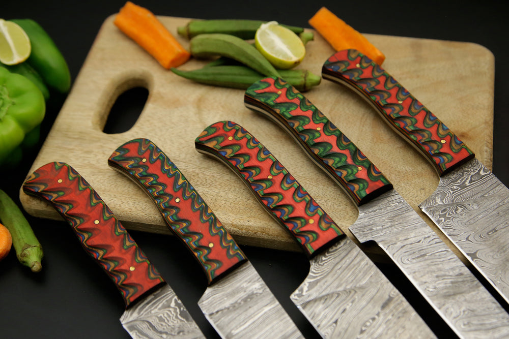 Custom Handmade Damascus Chef Set Wood Handle With Leather Roll Kit Bag