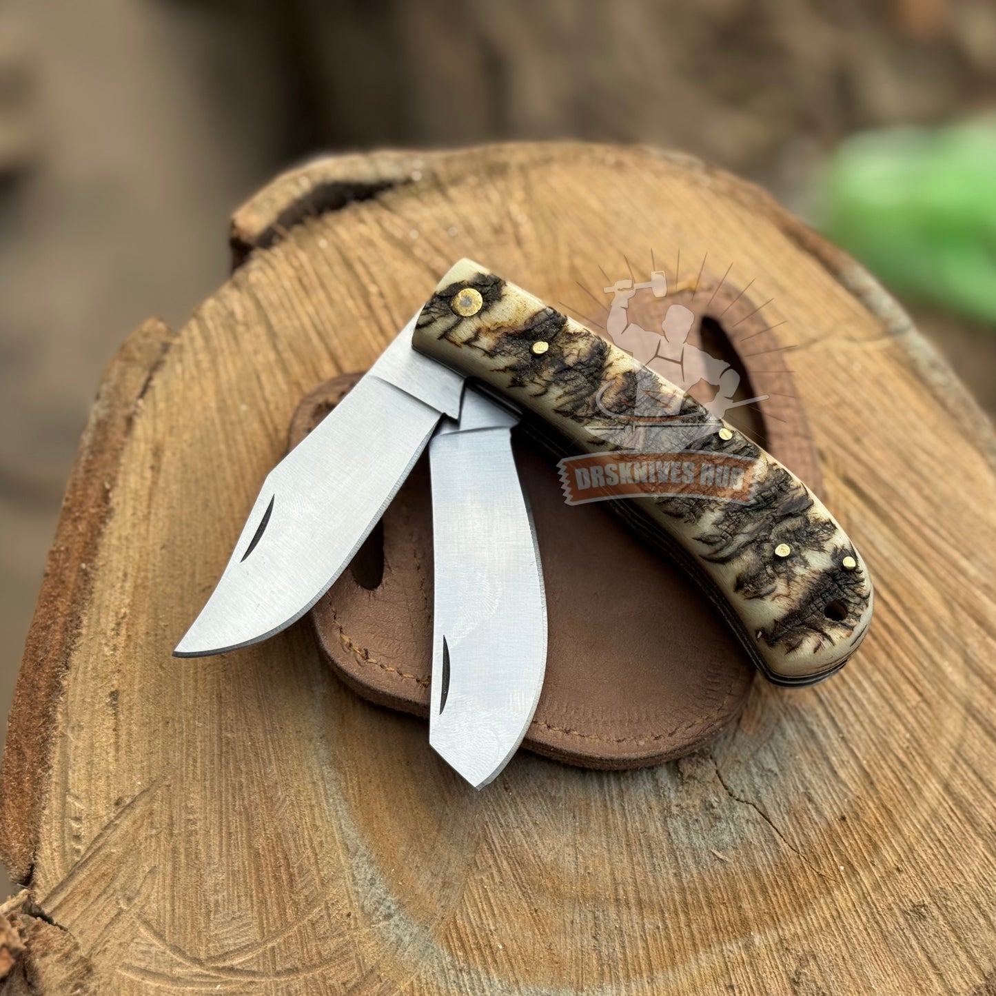 Dual Blade Folding Knife with Ram Horn Handle | Premium EDC Pocket Knife