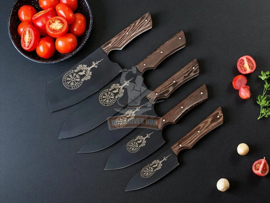 Chef Set Handmade Carbon Steel Black Powder Coating Blade Wenage Wood Handle