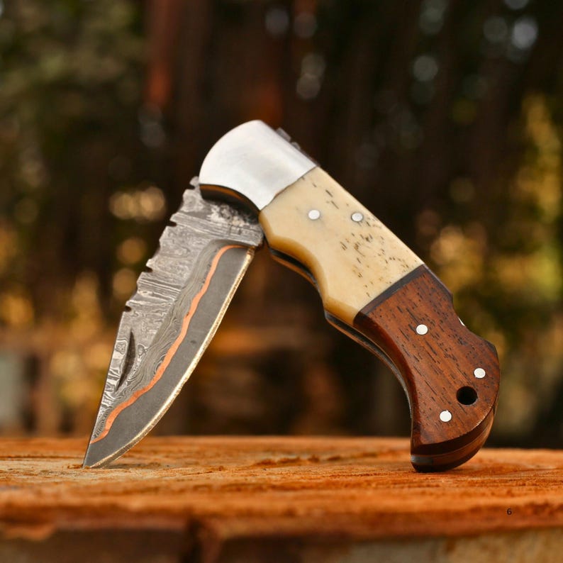Custom Handmade Damascus Steel Copper Pocket Knife With Leather Sheath Cover