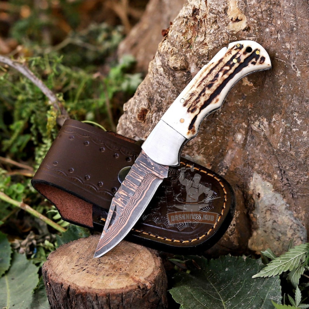 Copper Damascus Folding Pocket Knife Natural Stag Handle With Leather Pouch | DRSKNIVES HUB