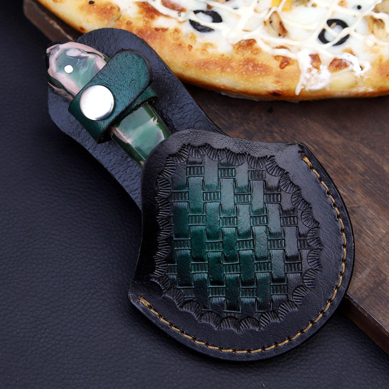 Handmade Damascus Steel Ulu Pizza Cutter, Green Resin Handle & Leather Sheath