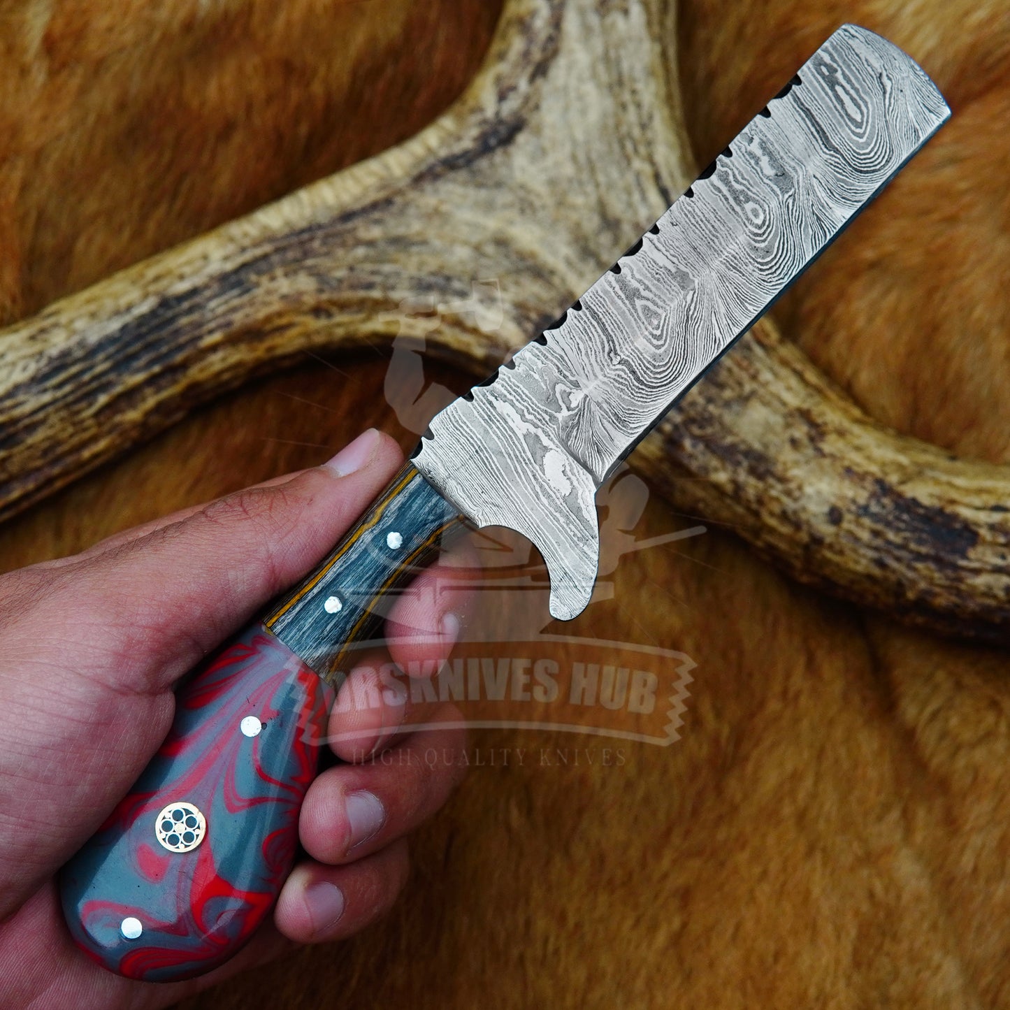 8" inches Hand Forged Damascus Steel Cowboy Bull Cutter Knife With Leather Sheath