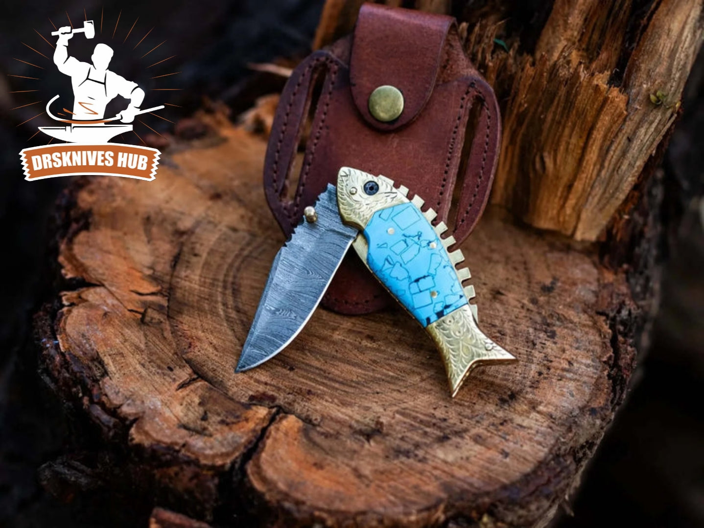 Turquoise Handle Beautiful Handmade Damascus Steel Fish Style Folding Pocket Knife With Leather Sheath