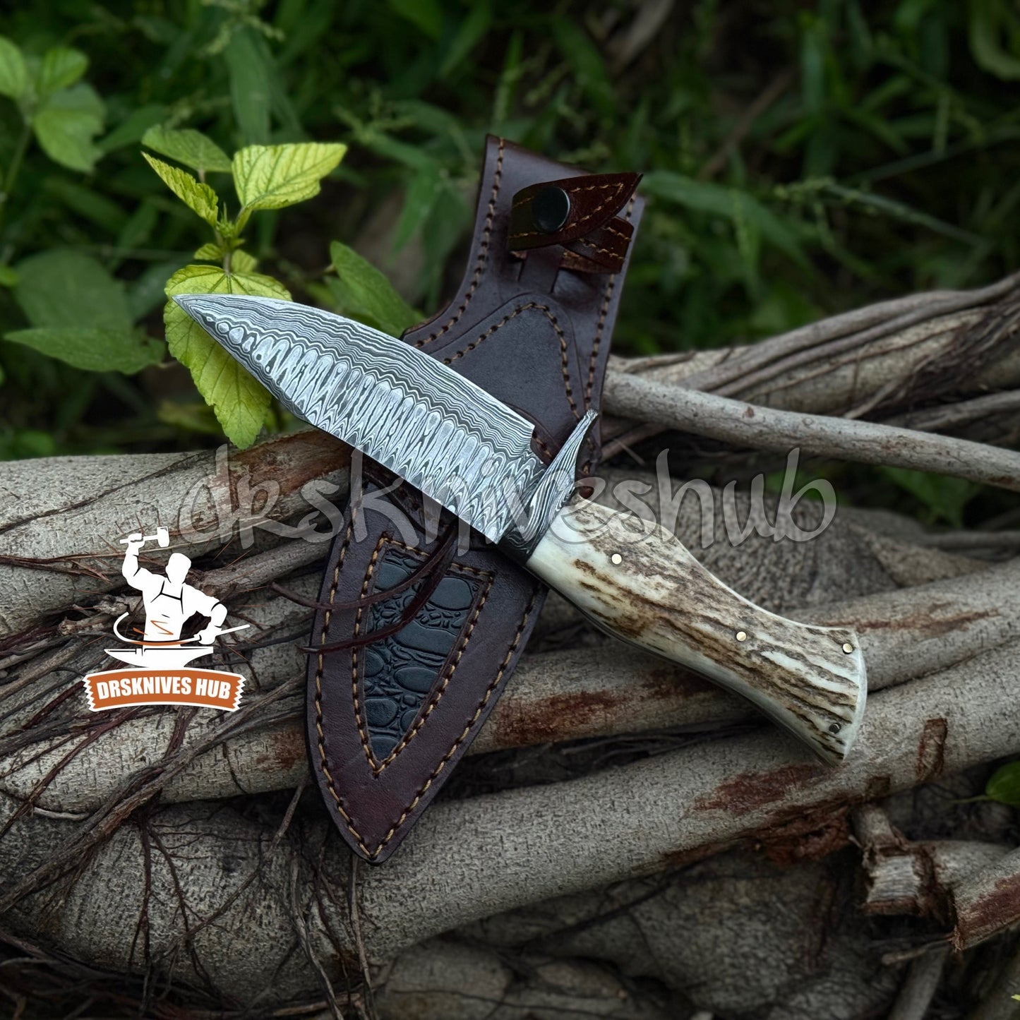 Damascus Steel Hunting Knife Antler Handle