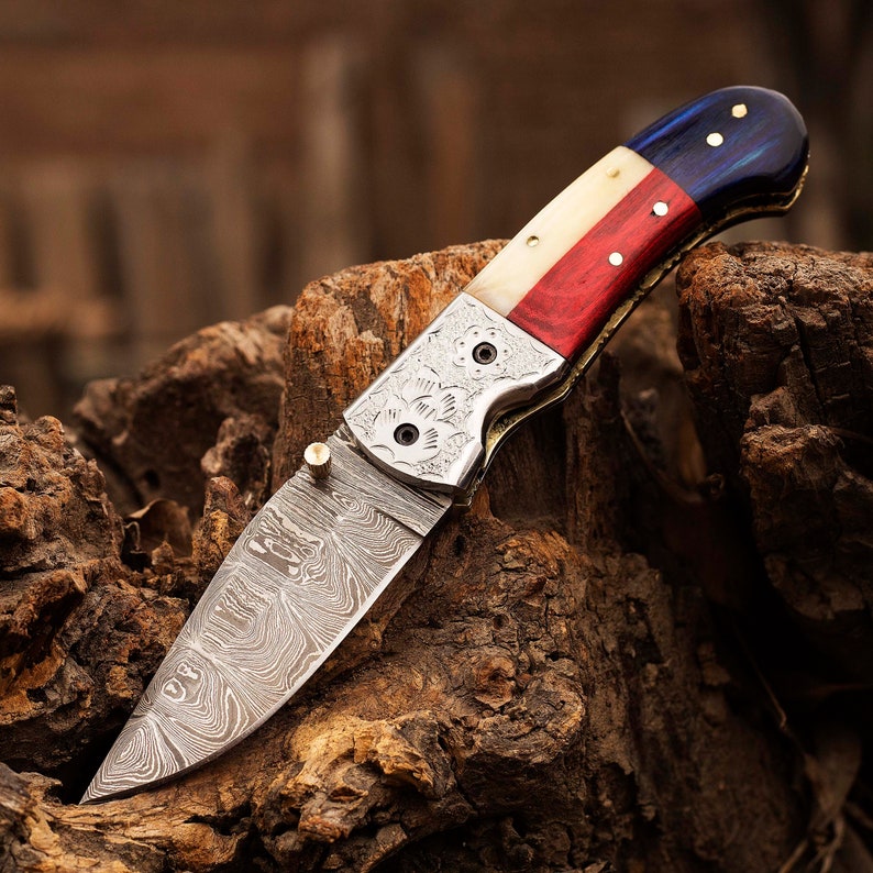 Handmade Damascus Steel Blade Folding Pocket Knife With Leather Sheath Cover Texas Flag Handle