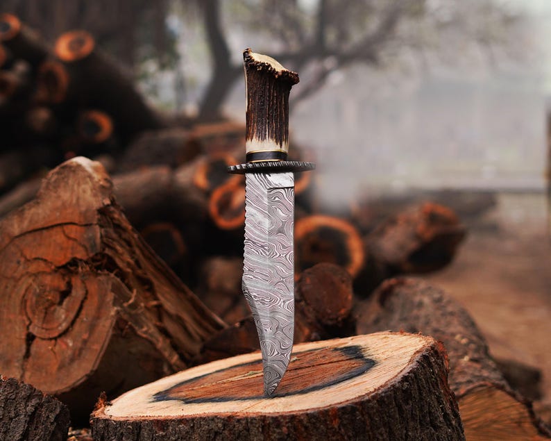 Bowie Knife With Stag Handle Custom Handmade Damascus Steel Blade Outdoor , Bowie, Camping knife With Leather Sheath Cover